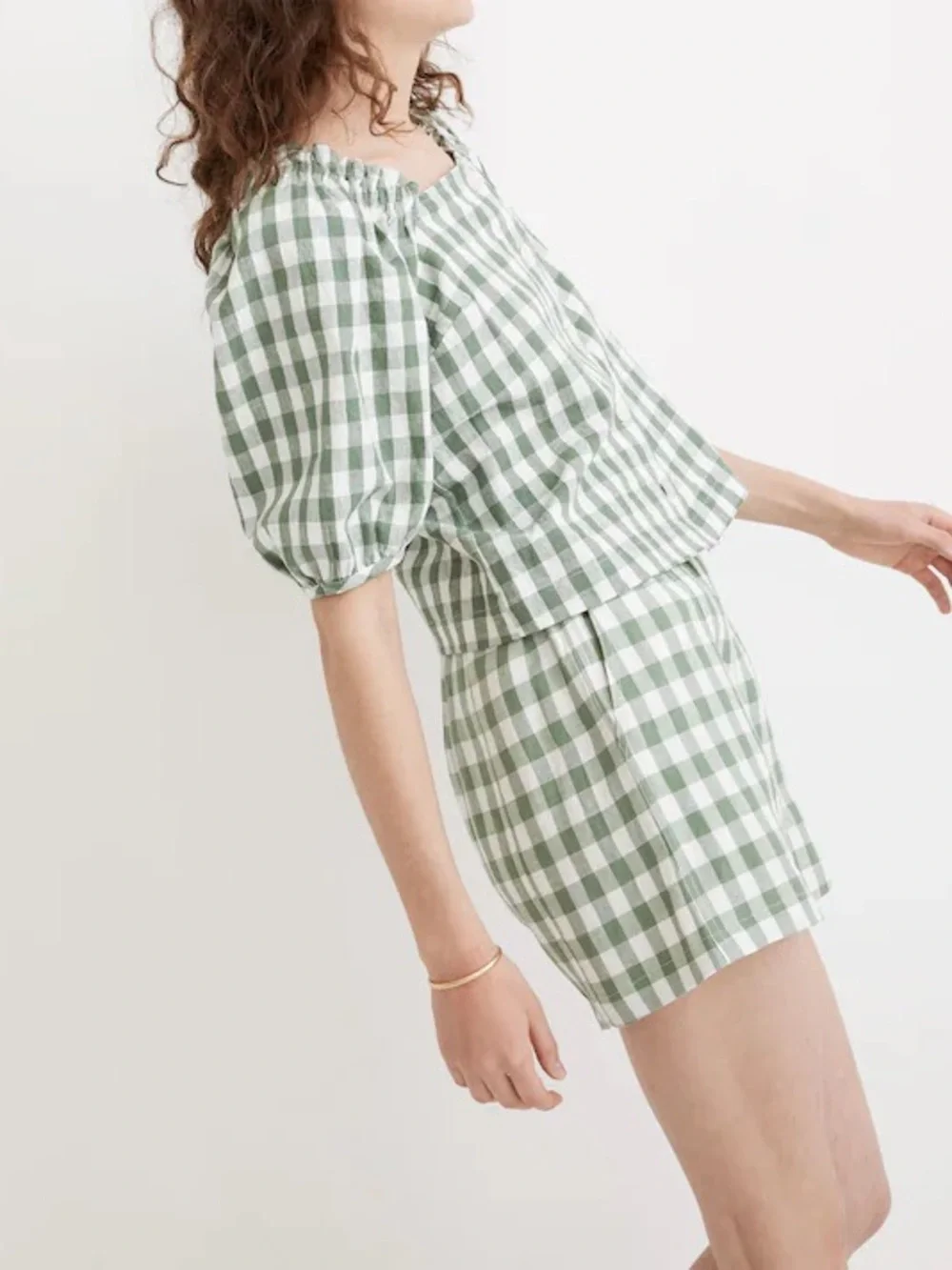 Madewell Green and White Gingham Puff Sleeve Button Front Blouse